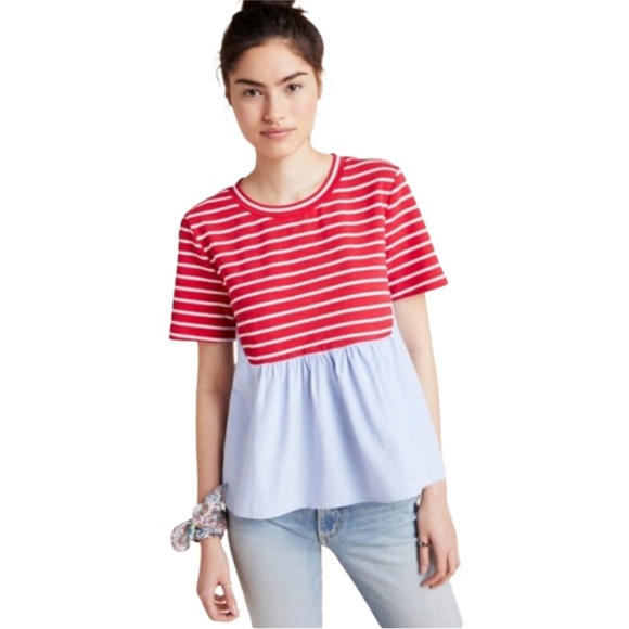 Anthropologie Elis Peplum Top Red and Light Blue Striped Short Sleeve Top - Picture 1 of 6